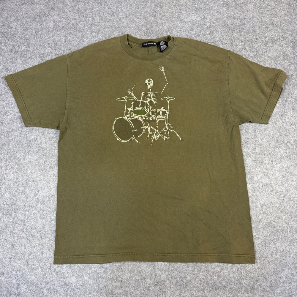 No Boundaries Mens XL Olive Green Skeleton Drummer Graphic T-Shirt NB26H012